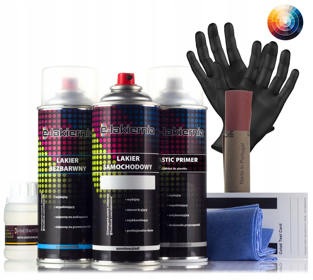 LAKIER SAMOCHODOWY SPRAY ZESTAW DO PLASTIKU KAŻDY KOLOR E-LAKIERNIA