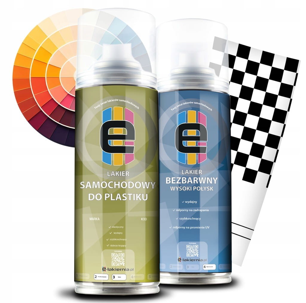 LAKIER SAMOCHODOWY KAŻDY KOLOR + BEZBARWNY 2w1 W SPRAYU 200ml do PLASTIKU